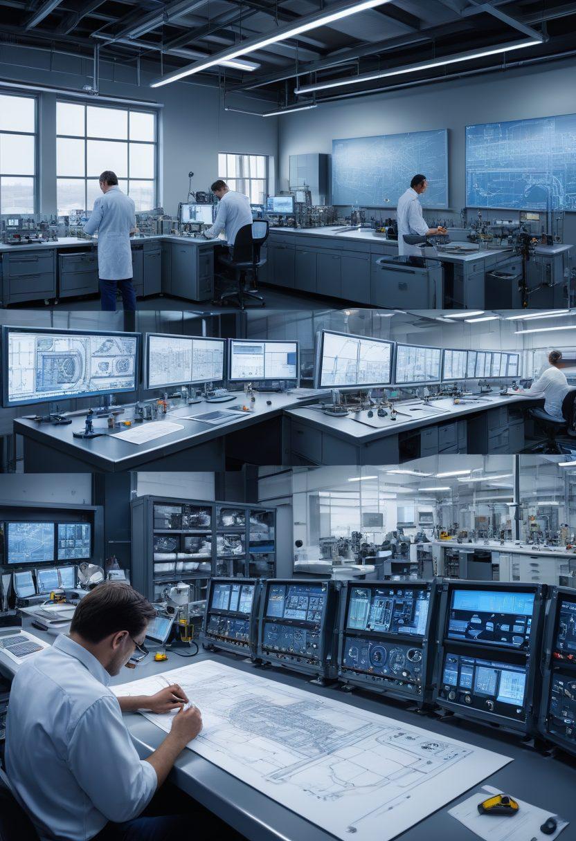 An intricate collage showcasing surface defect detection equipment, such as ultrasonic sensors and visual inspection tools, alongside engineers examining blueprints and machinery in a high-tech lab. Highlight the meticulous nature of inspecting surfaces through magnified details of defects and precision measurements. Incorporate a backdrop of machinery and engineering diagrams to convey the engineering aspect. Emphasize a color palette of deep blues and metallic grays for a professional feel. super-realistic. industrial style. vibrant colors.