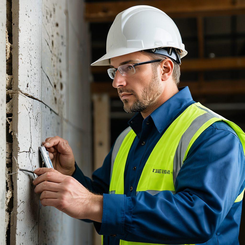 A detailed scene illustrating a close-up of a structural engineer inspecting a concrete beam with advanced crack detection tools, featuring highlighted cracks glowing subtly to signify flaws. The background includes diagrams and blueprints of structural designs, with a focus on safety and integrity assessments. The color palette should be professional and technical, emphasizing precision and focus in the field of engineering. super-realistic. vibrant colors. white background.