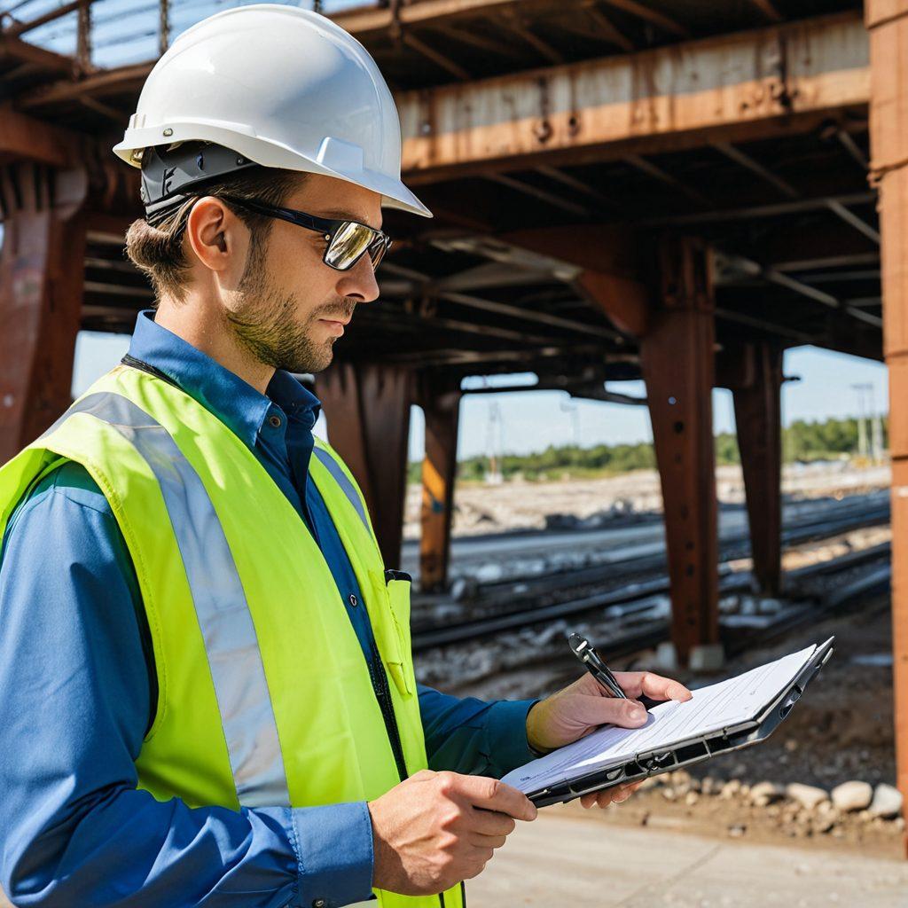 A close-up of an engineer inspecting a sturdy bridge structure, holding a digital scanner and taking notes, with a background showing advanced technology tools for damage detection. Safety helmets and monitoring devices are prominently displayed, creating a sense of precision and care in infrastructure safety. The setting is bright and futuristic, symbolizing innovation in damage assessment. super-realistic. vibrant colors. white background.